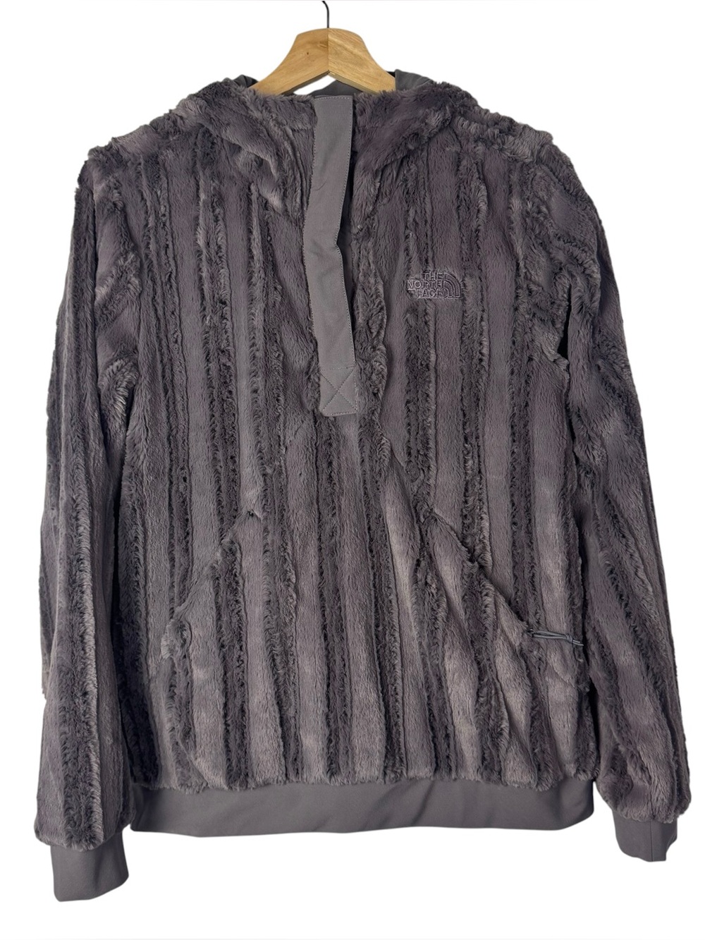 The North Face Gray Faux Fur Hooded Quarter Snap Pullover Sweatshirt S